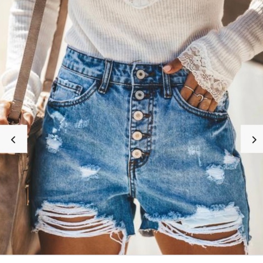 Vici High Rise Distressed Denim Shorts